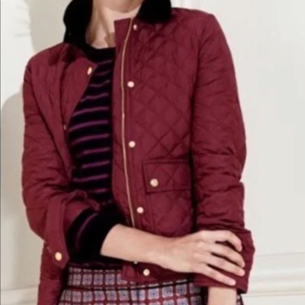 LOVE THIS! J.CREW Quilted Coat Puffer Jacket Red Down Corduroy Collar -XS EUC!